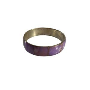Vintage Brass Inlaid Mother of Pearl Purple Bracelet Bangle 2.75 Opening .5 Wide